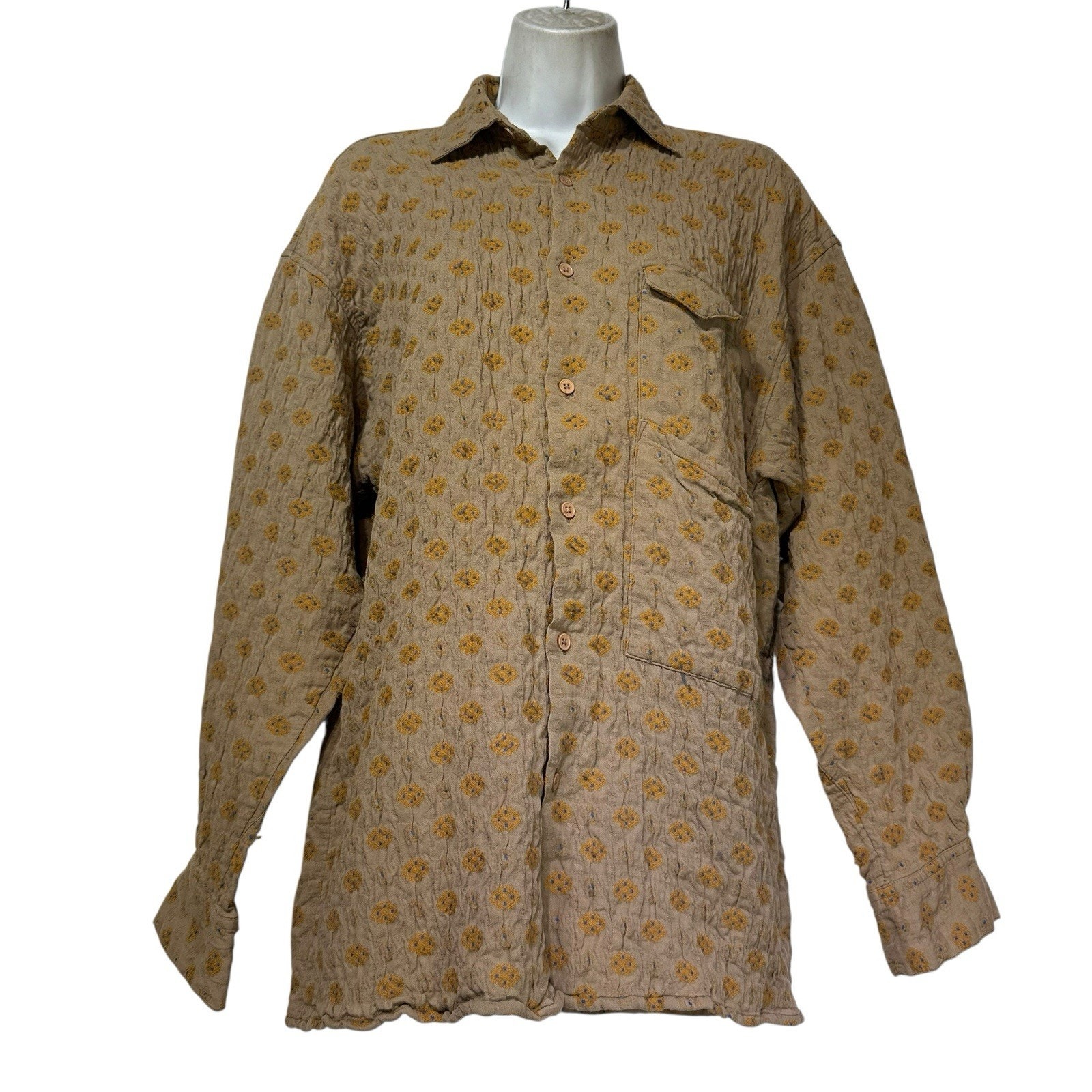 India Small Quilted Button Up Shirt Beige Yellow Blue Floral Boho Vintage